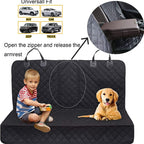 Car seat cover with a child and dog on it. Features Waterproof fabric, attachment straps and zippered section for car armrest.