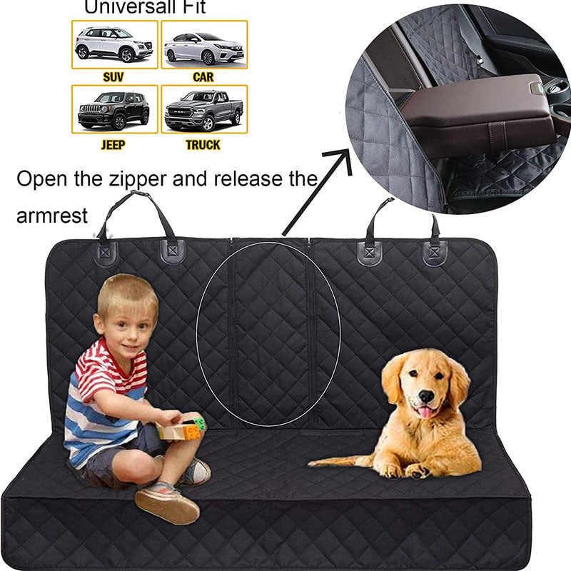 Car seat cover with a child and dog on it. Features Waterproof fabric, attachment straps and zippered section for car armrest.