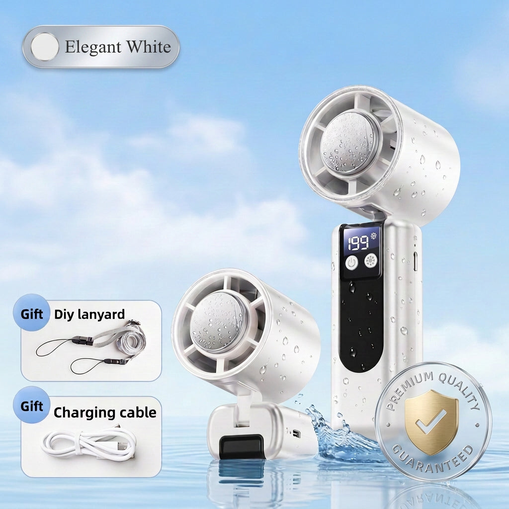 Stay refreshed with a rechargeable portable cooling fan featuring semiconductor cooling, 199 adjustable speeds and a digital display