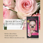 Körmesic Rosa Rugosa Flower Extract Nose Pore Strips, with text highlighting skin redness reduction, pore cleaning, and smooth skin restoration