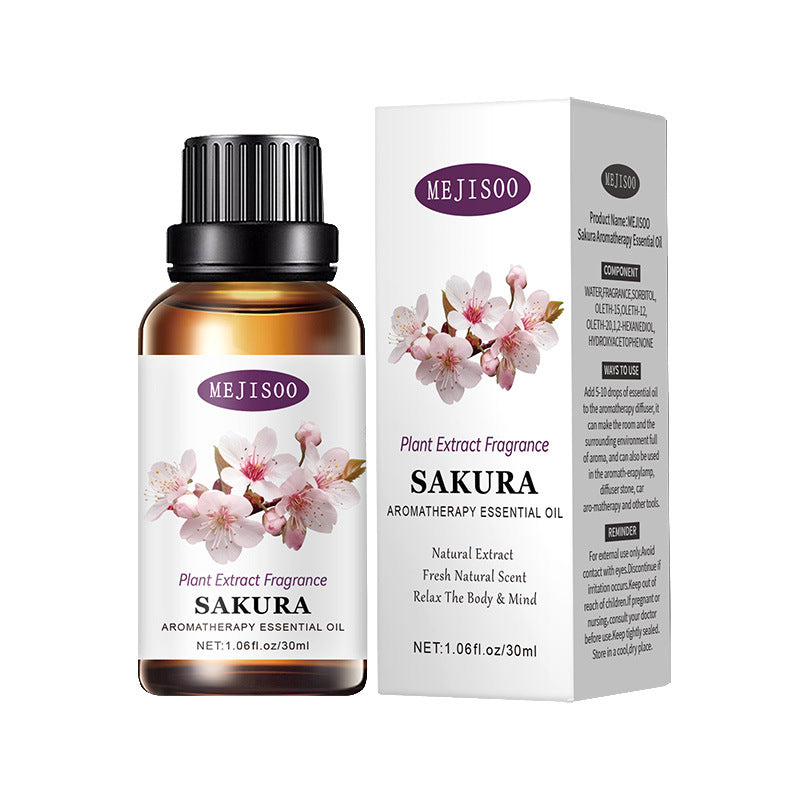 MEJISOO Sakura aromatherapy essential oil bottle and packaging on a white background