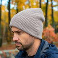 Male wearing a warm grey slouchy beanie 