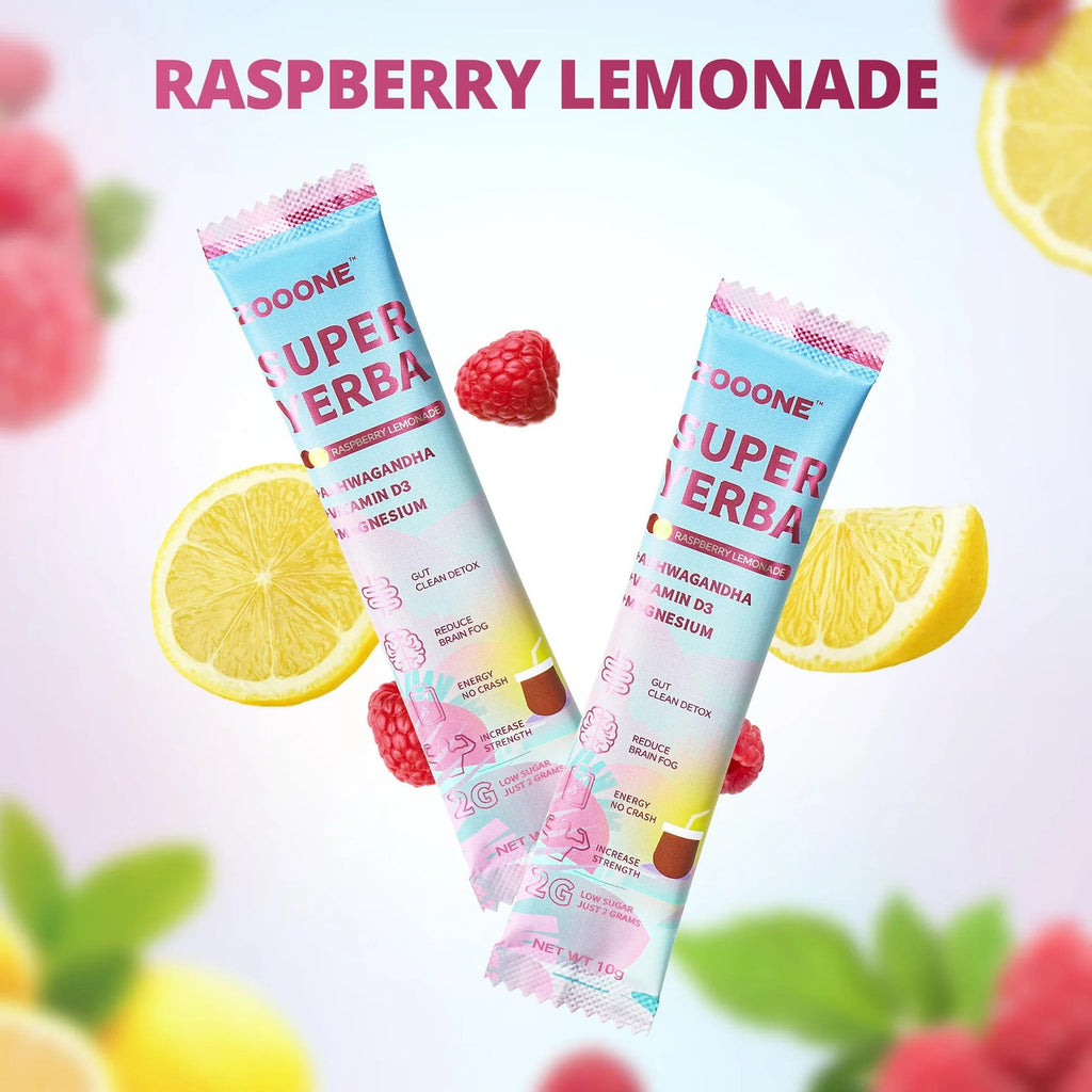 Two sachets of Super Erba raspberry lemonade sticks with raspberries and lemons.
