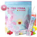 Super Yerba package with a single packet and a glass of lemonade on a white background