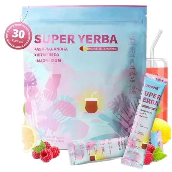 Super Yerba package with a single packet and a glass of lemonade on a white background