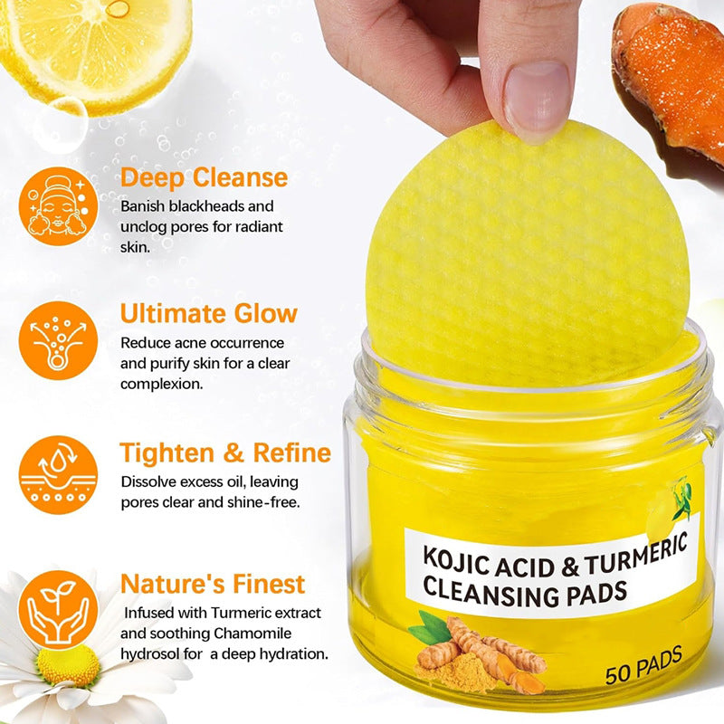 A jar of Kojic Acid & Turmeric Cleansing Pads with a hand lifting a yellow pad, surrounded by promotional text and ingredient graphics on a white background.