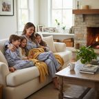 Child and mother wearing Cotton PJ sets matching in a relaxing home setting.