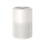 A white cylindrical smart speaker with a perforated lower grille and a circular top vent, shown on a solid white background.