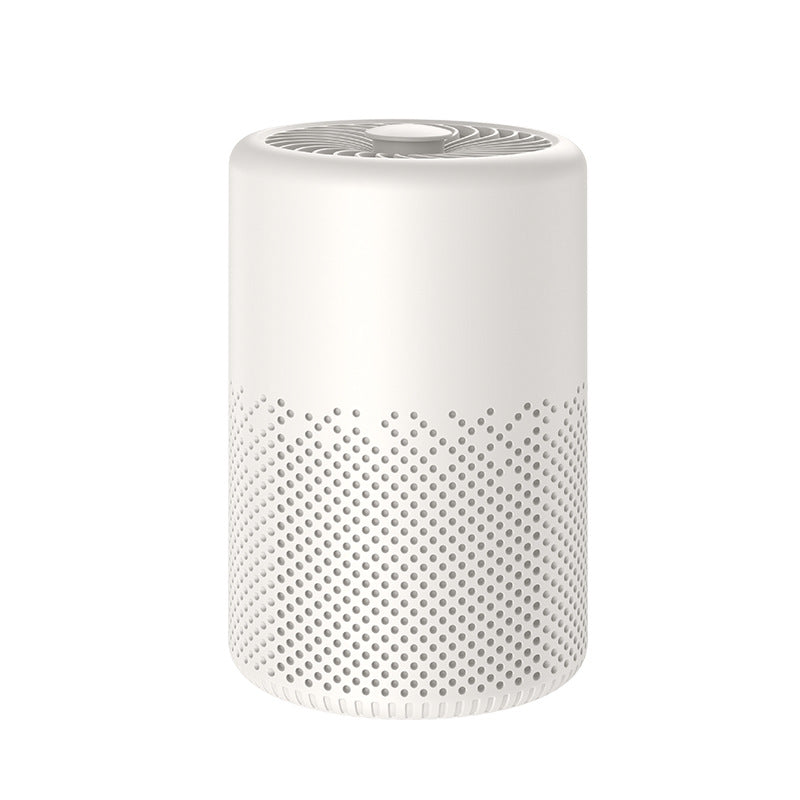 A white cylindrical smart speaker with a perforated lower grille and a circular top vent, shown on a solid white background.