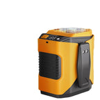 Yellow-orange waist fan angled product shot showing digital display and side ventilation grille