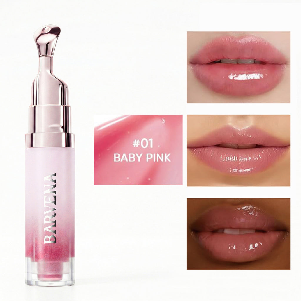 Lip gloss with a silver cap and pink body, displayed with close-up shots of lips wearing the product.