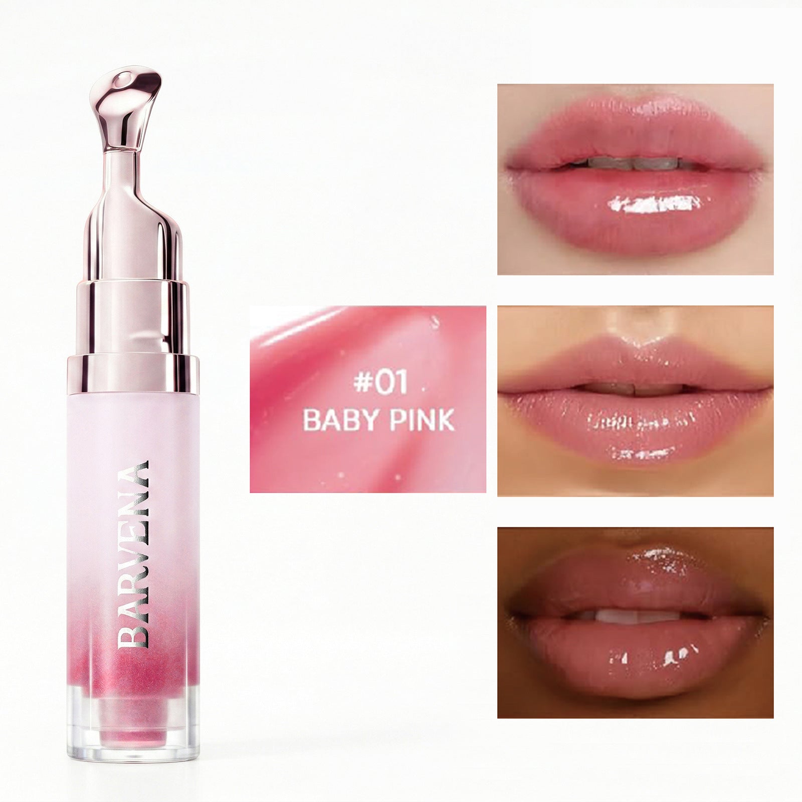 Lip gloss with a silver cap and pink body, displayed with close-up shots of lips wearing the product.