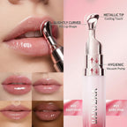 Lip balm with metallic tip and vacuum pump, applied to lips with close-up details.