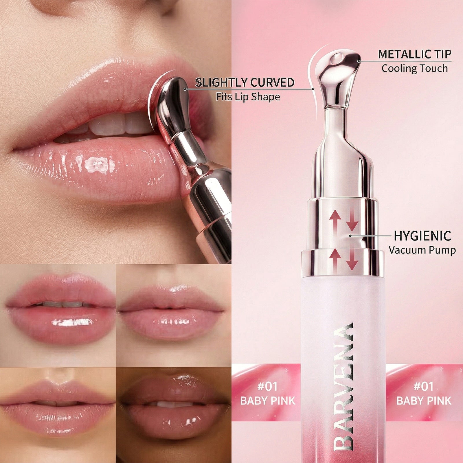 Lip balm with metallic tip and vacuum pump, applied to lips with close-up details.