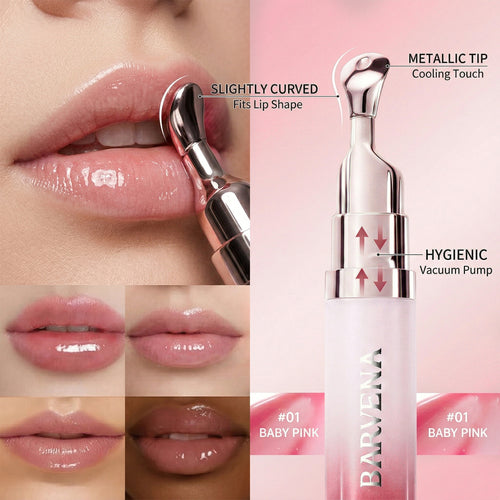 Lip balm with metallic tip and vacuum pump, applied to lips with close-up details.