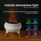 Colorful atmosphere lamp with adjustable light colors on a wooden surface.