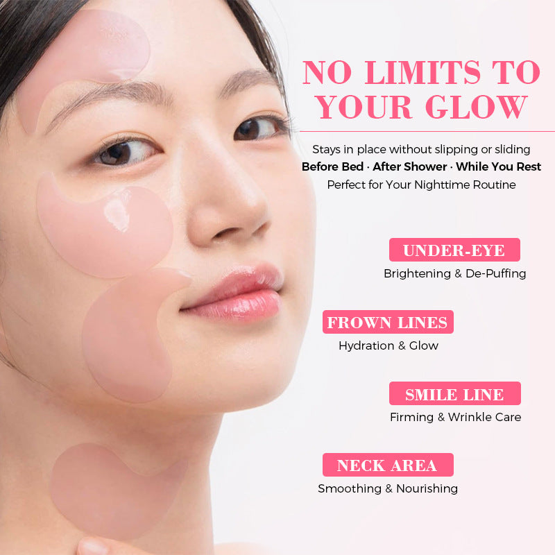 Woman's face with skincare patches applied, text about product benefits on a white background