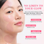Woman's face with skincare patches applied, text about product benefits on a white background
