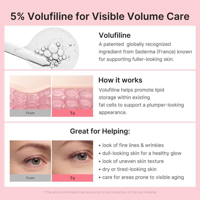 Advertisement for Volufiline skincare product with text and images on a pink background