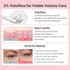 Advertisement for Volufiline skincare product with text and images on a pink background
