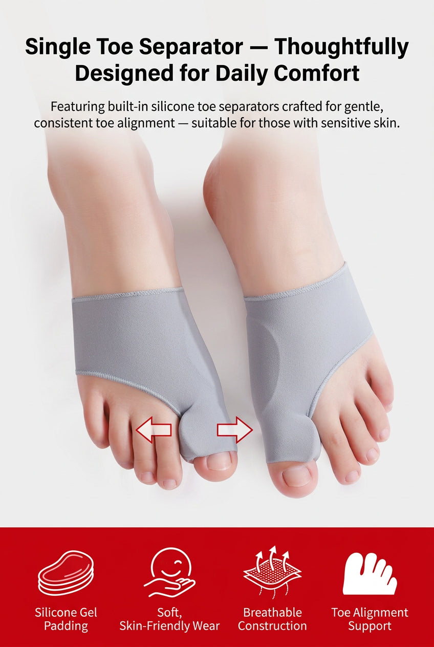 Bunion toe corrector with silicone protective cushioning worn inside a woman's shoe