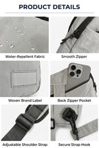 Mini crossbody bag details showing water-repellent nylon, zipper closure, back pocket and adjustable shoulder strap.