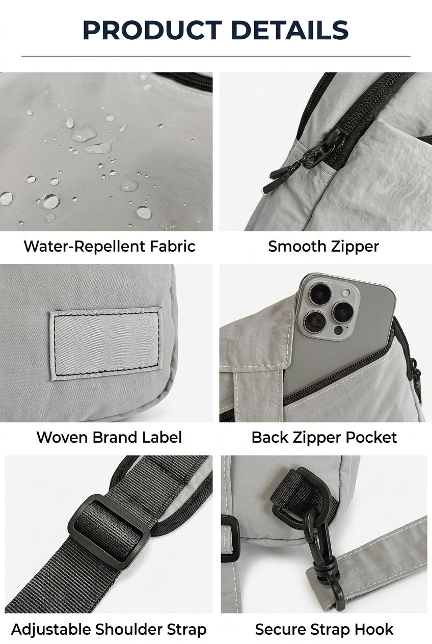 Mini crossbody bag details showing water-repellent nylon, zipper closure, back pocket and adjustable shoulder strap.