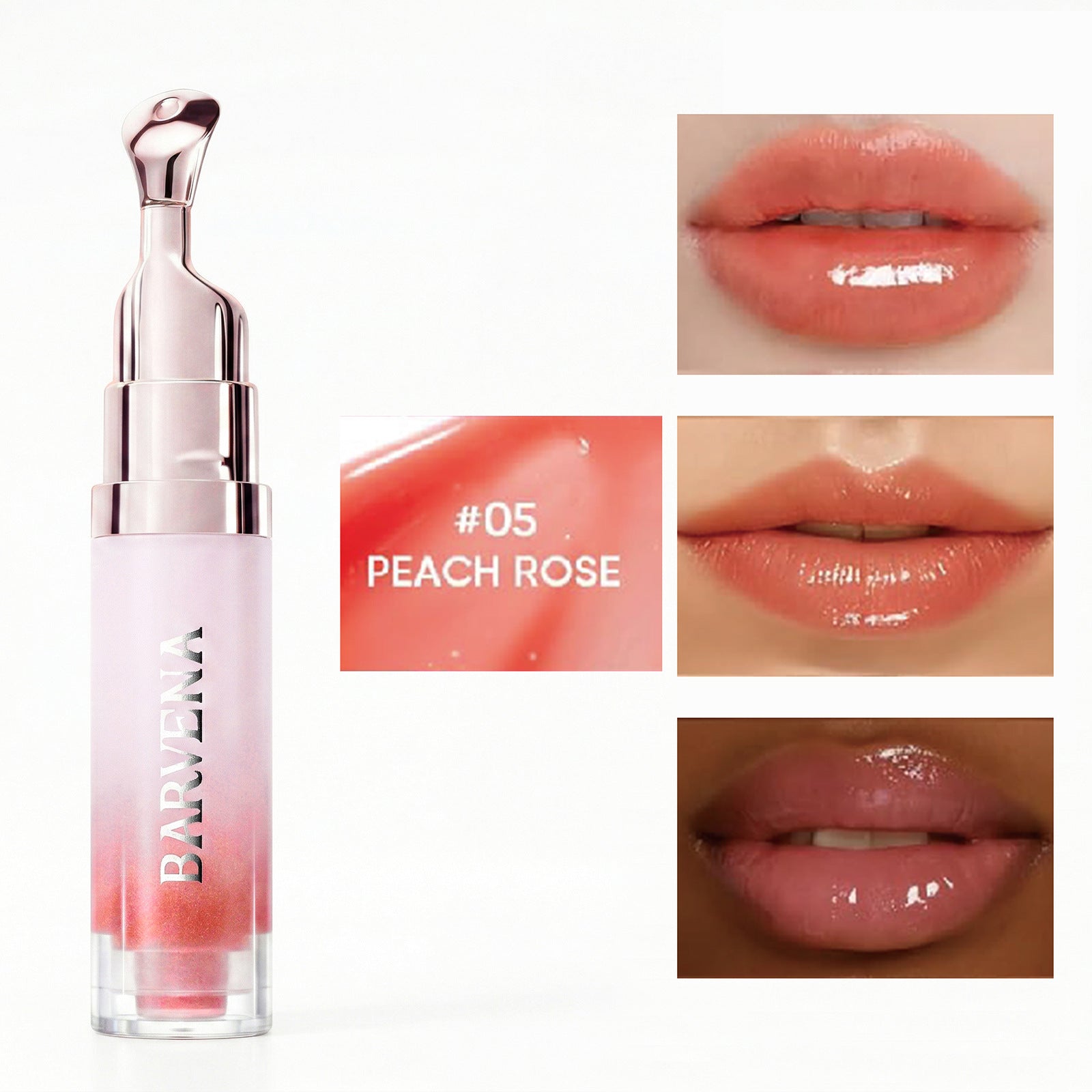 Lip gloss with a close-up of lips wearing the color 'Peach Rose' by BARVENA