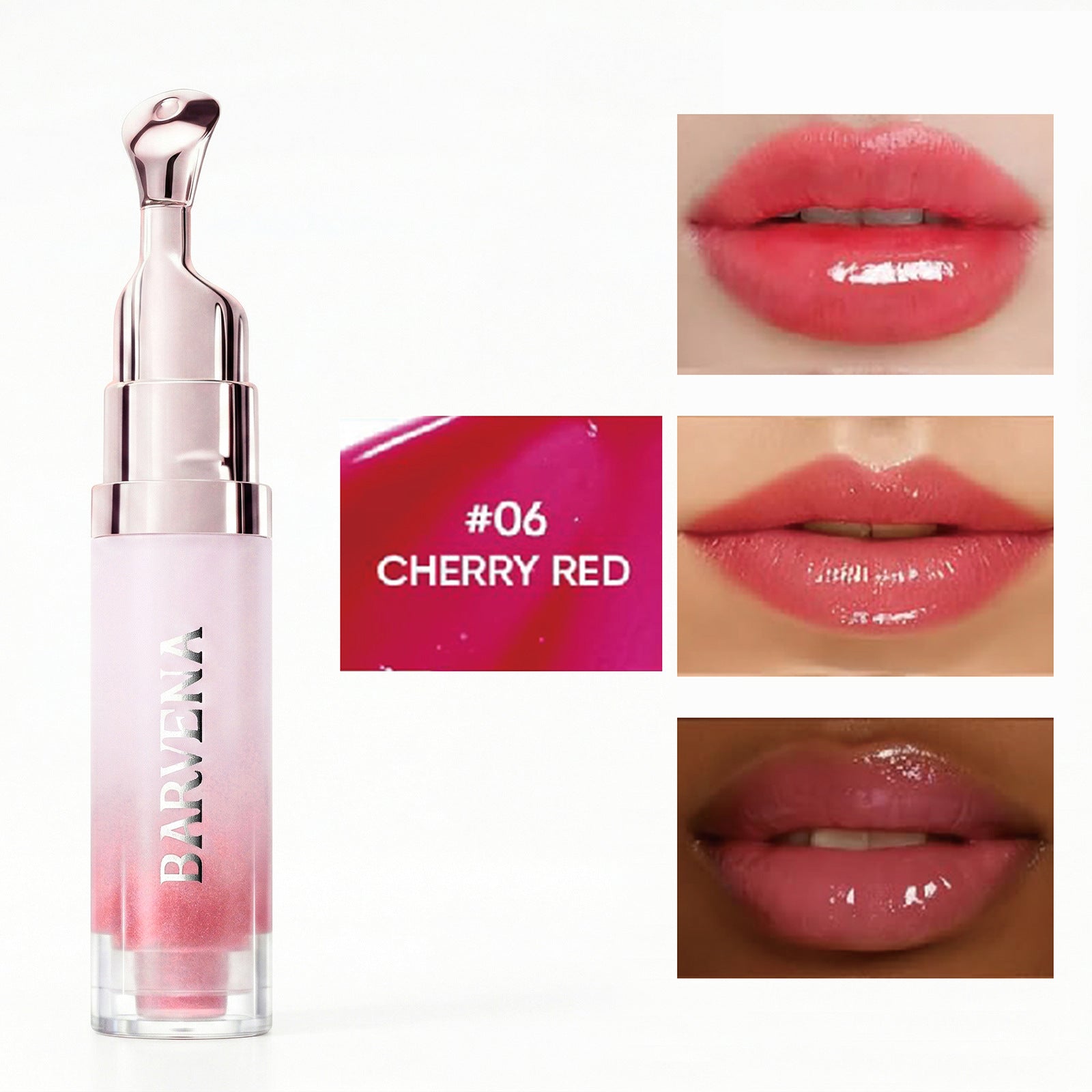 Lip gloss with BARVENA branding and '#06 Cherry Red' color swatch on a white background.