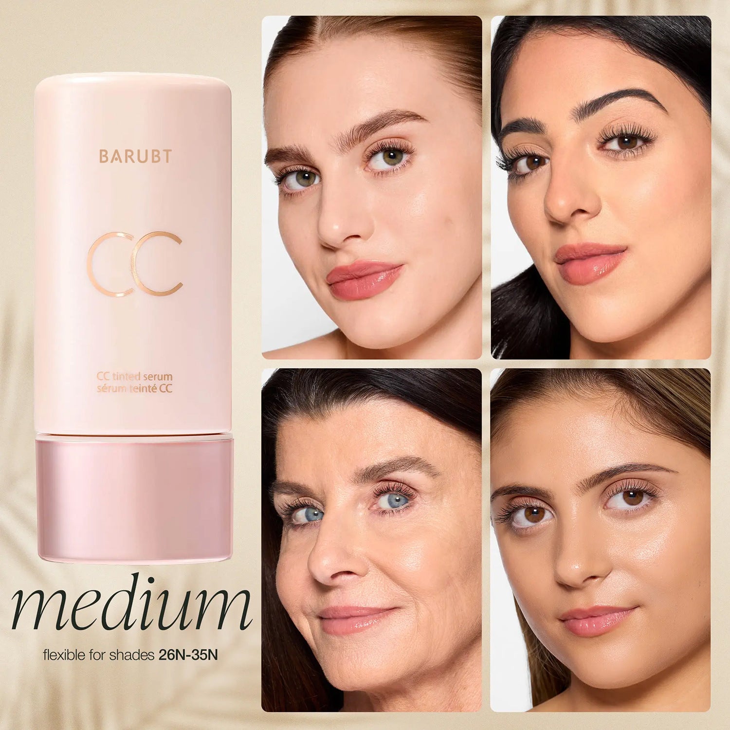 Tarte CC Cream with four women's faces showing different skin tones.