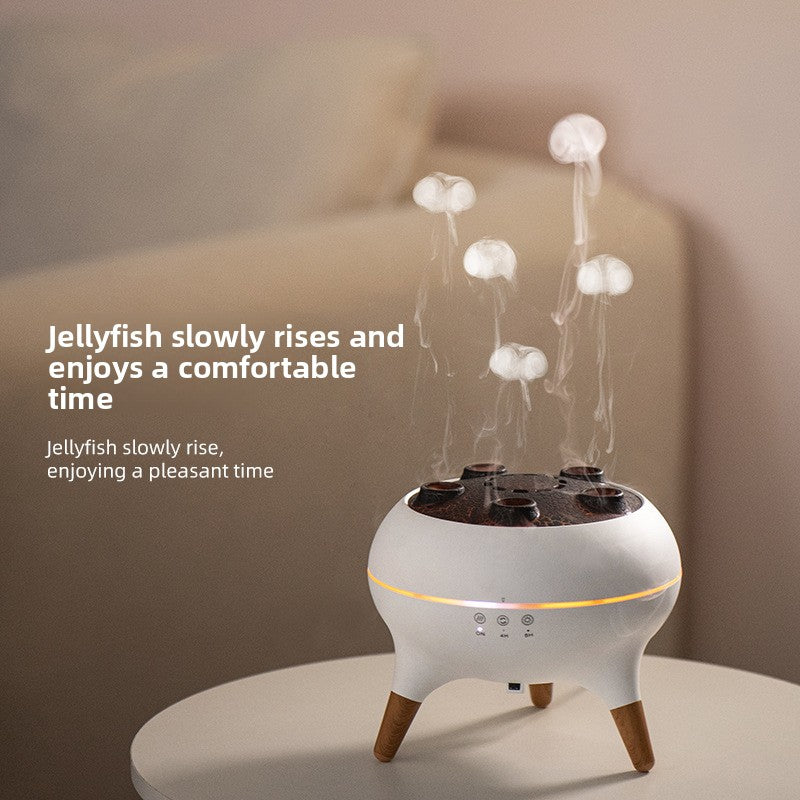 White jellyfish tank with glowing jellyfish on a neutral background