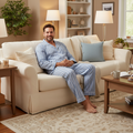 adult long pants cotton pj set in serenity blue with white stripes