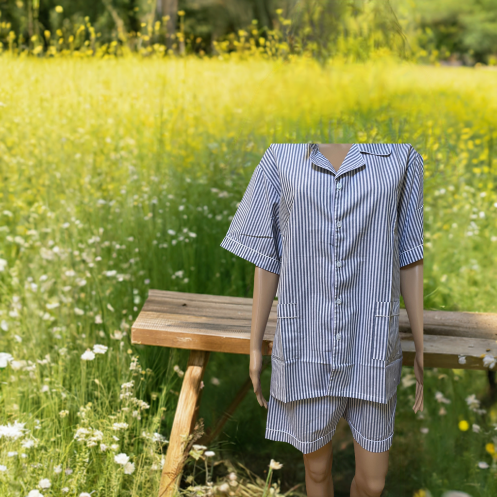 Blue stripes cotton pajamas for men and women standing in wild flowers field