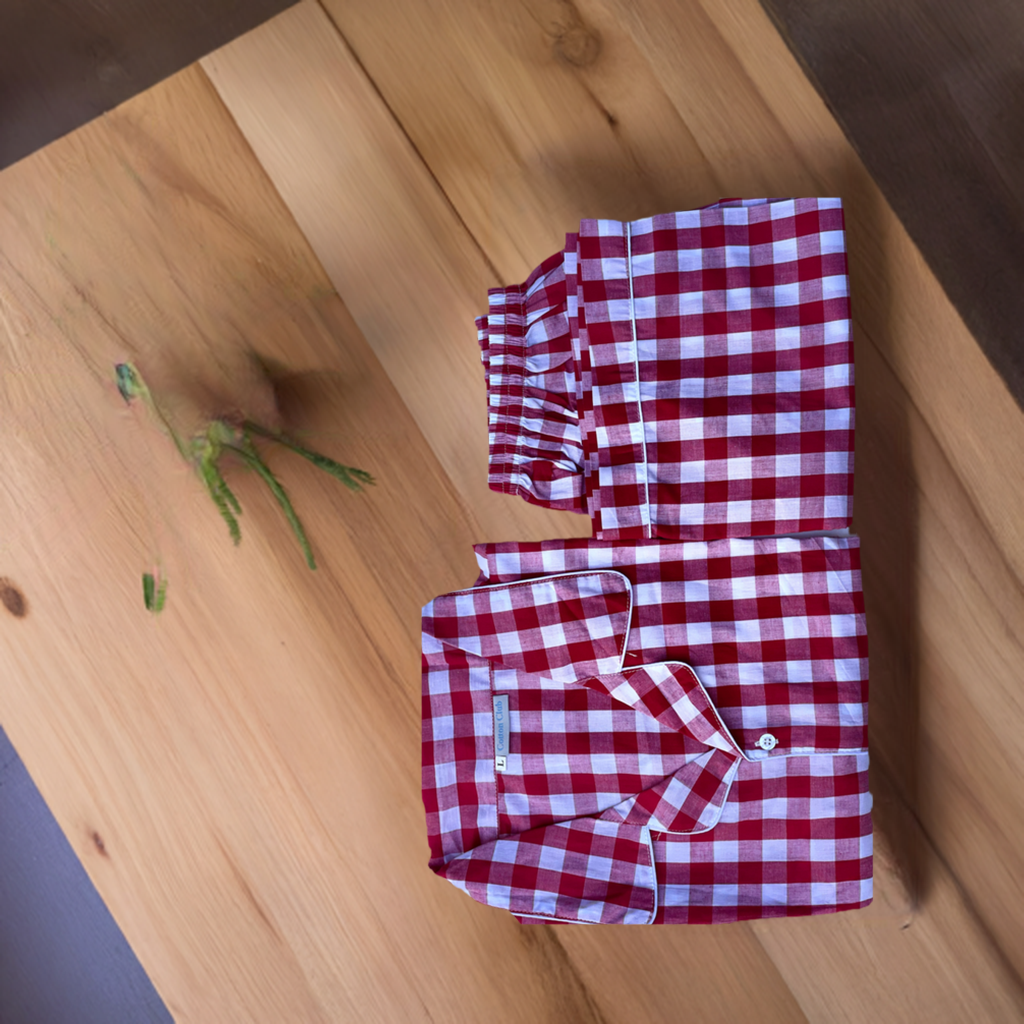 Shorts pj set in red and white, folded ready for warm morning 