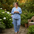 long pants cotton pjs in blue for men and women extra large size folded, ready for pajama party