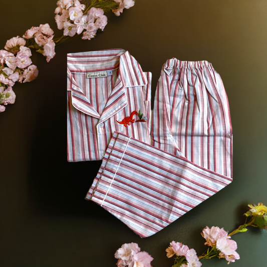 cotton pjs for 4-5 yrs boy or girl who loves warm caramel & sea blue stripes with dinos