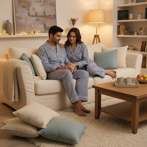 long pant cotton pajama set for men or women folded on a beach, warm sunlight.