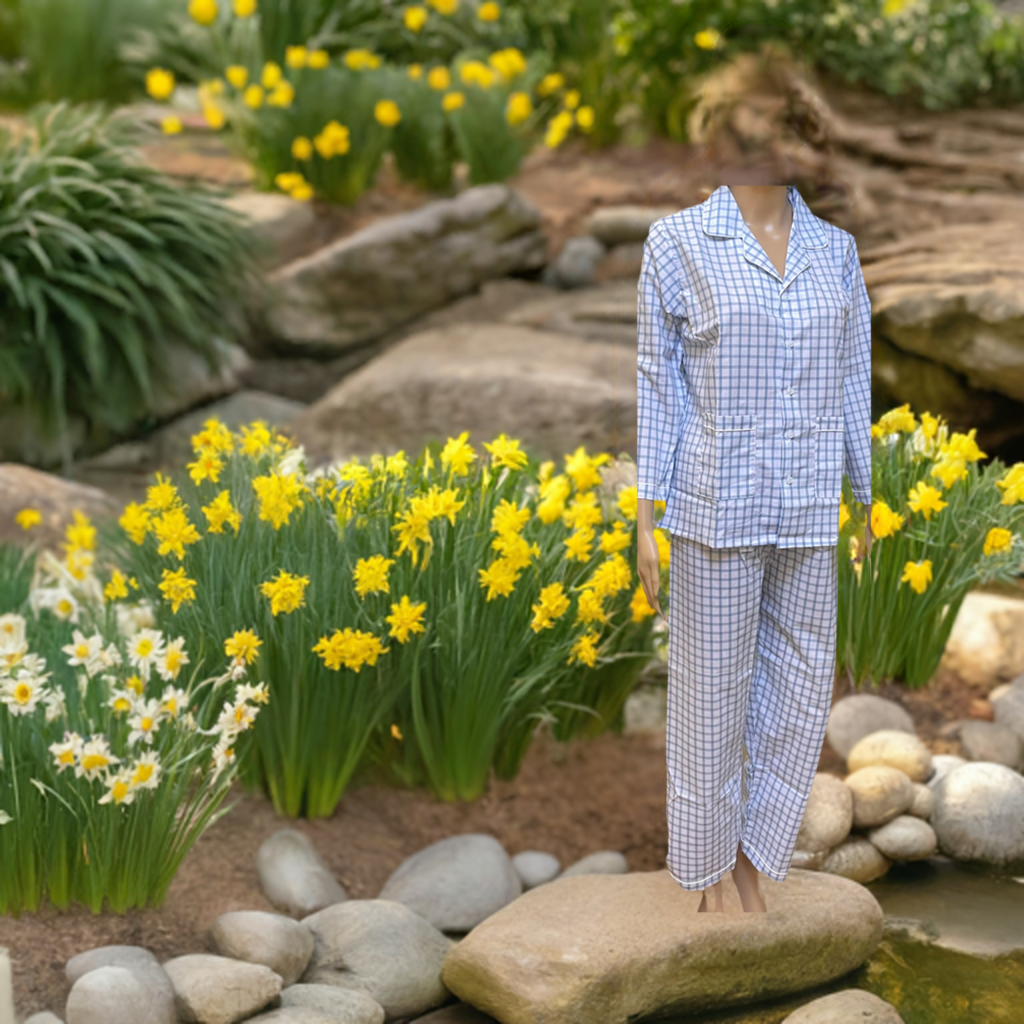 standing in a garden in cotton pajamas for summer and spring