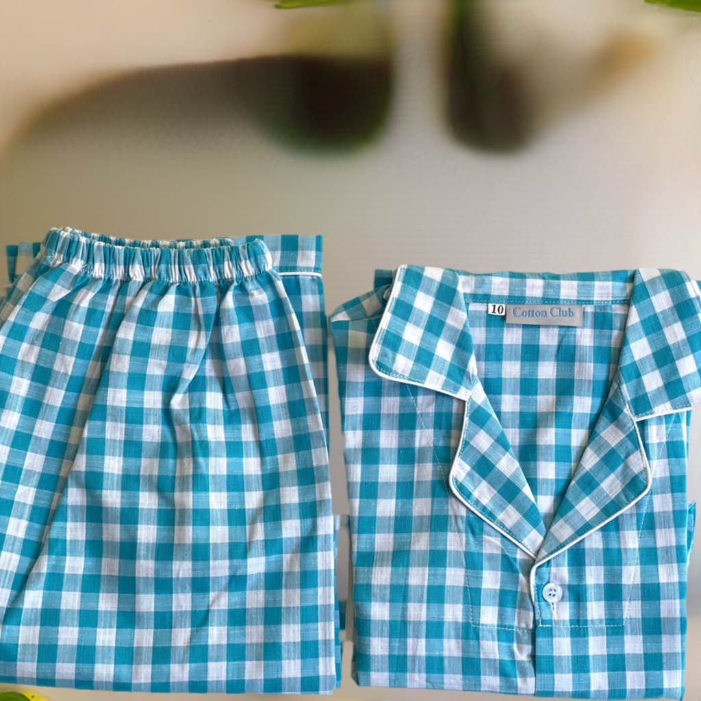 10-11yr kids cotton PJ set - Aqua Blue & White Check