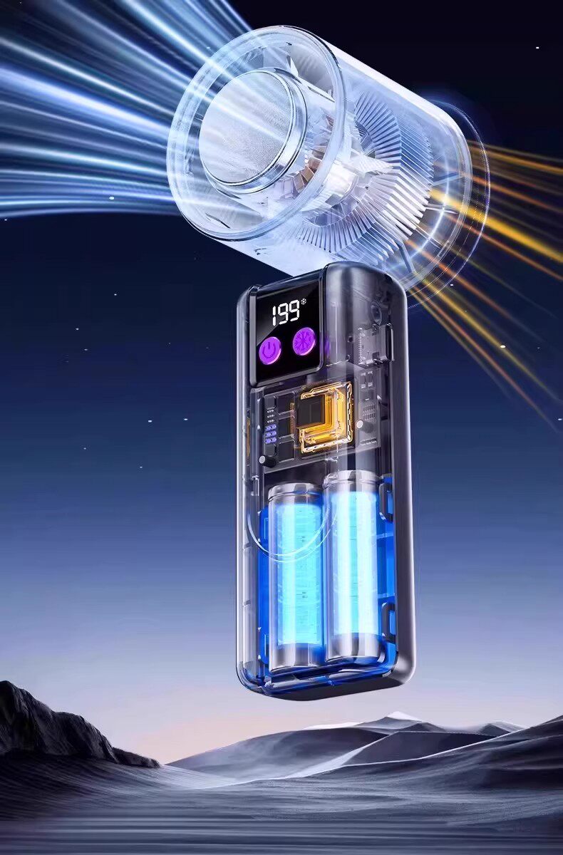 Innovative device with digital display and blue lights against a mountainous landscape background