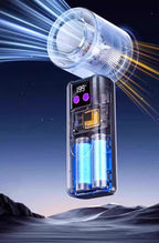 Innovative device with digital display and blue lights against a mountainous landscape background