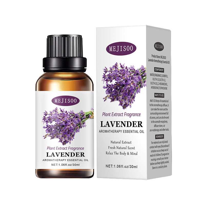 Mejisoo lavender aromatherapy essential oil bottle and packaging on a white background