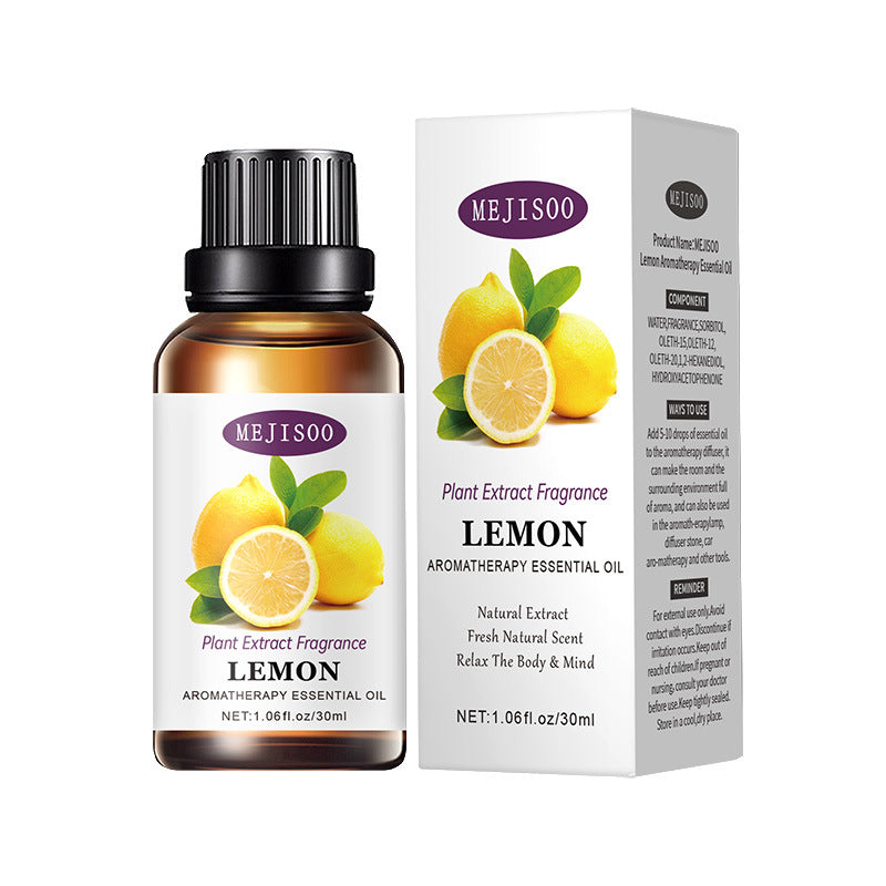 Mejisoo lemon aromatherapy essential oil bottle and packaging on a white background