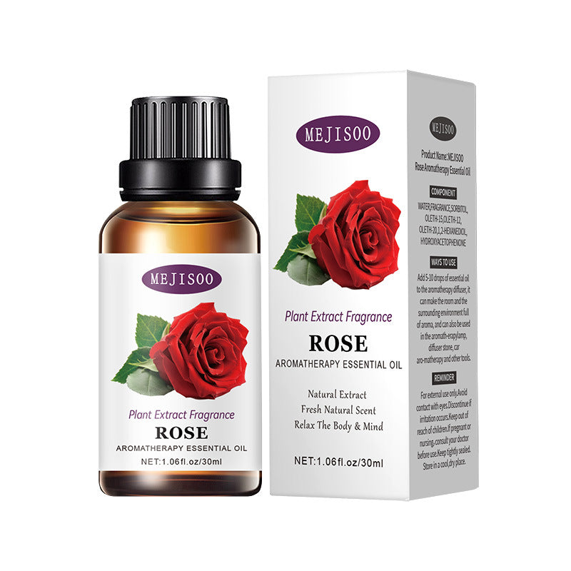 Mejisoo Rose Aromatherapy Essential Oil bottle and packaging on a white background