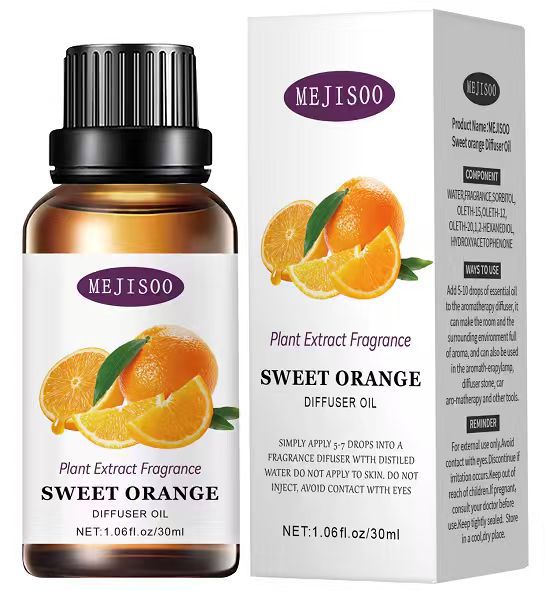 Bottle and box of Mejisoo Sweet Orange diffuser oil on a white background