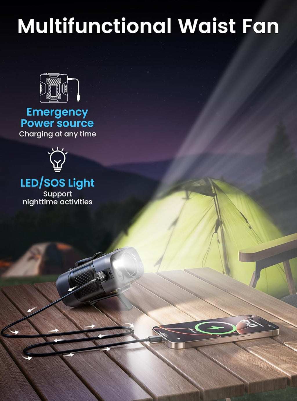 Portable Waist Hanging Fan | USB Rechargeable Hands-Free Cooling Fan with LED Light