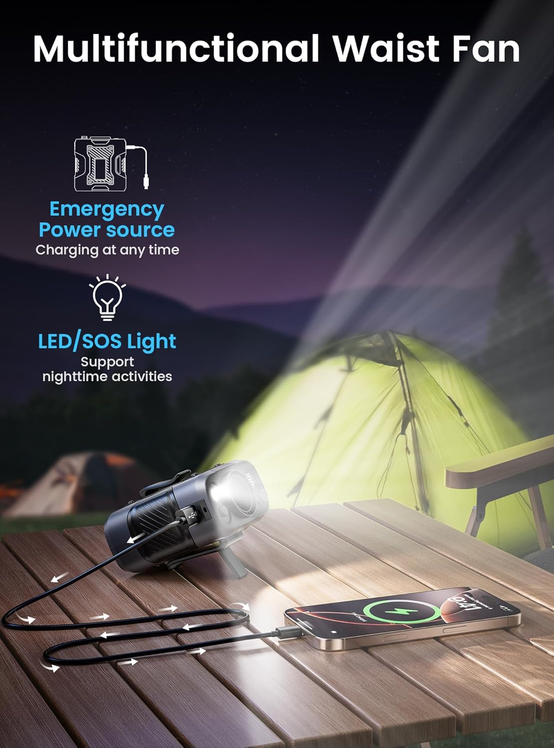 Portable Waist Hanging Fan | USB Rechargeable Hands-Free Cooling Fan with LED Light