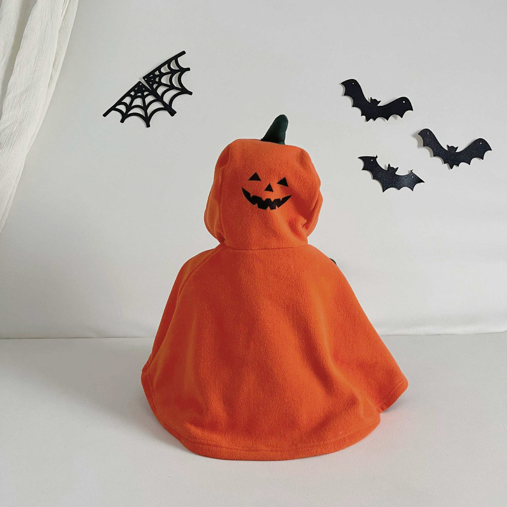 Orange pumpkin costume with a hood on a white background with black spider webs and bats.