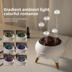A white diffuser with colorful lights on a table, surrounded by smaller images showing different color options.