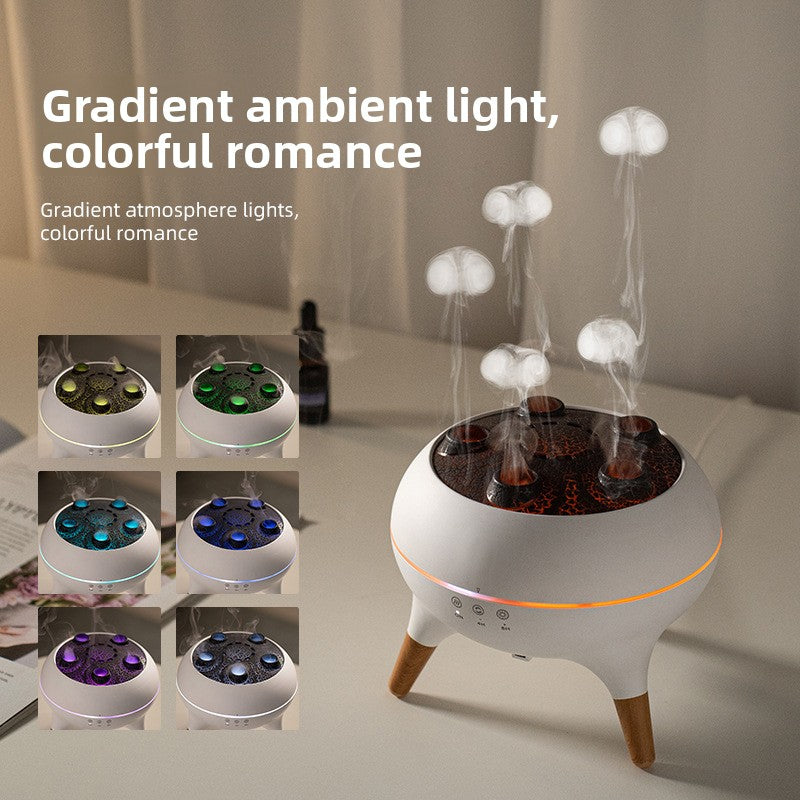 A white diffuser with colorful lights on a table, surrounded by smaller images showing different color options.